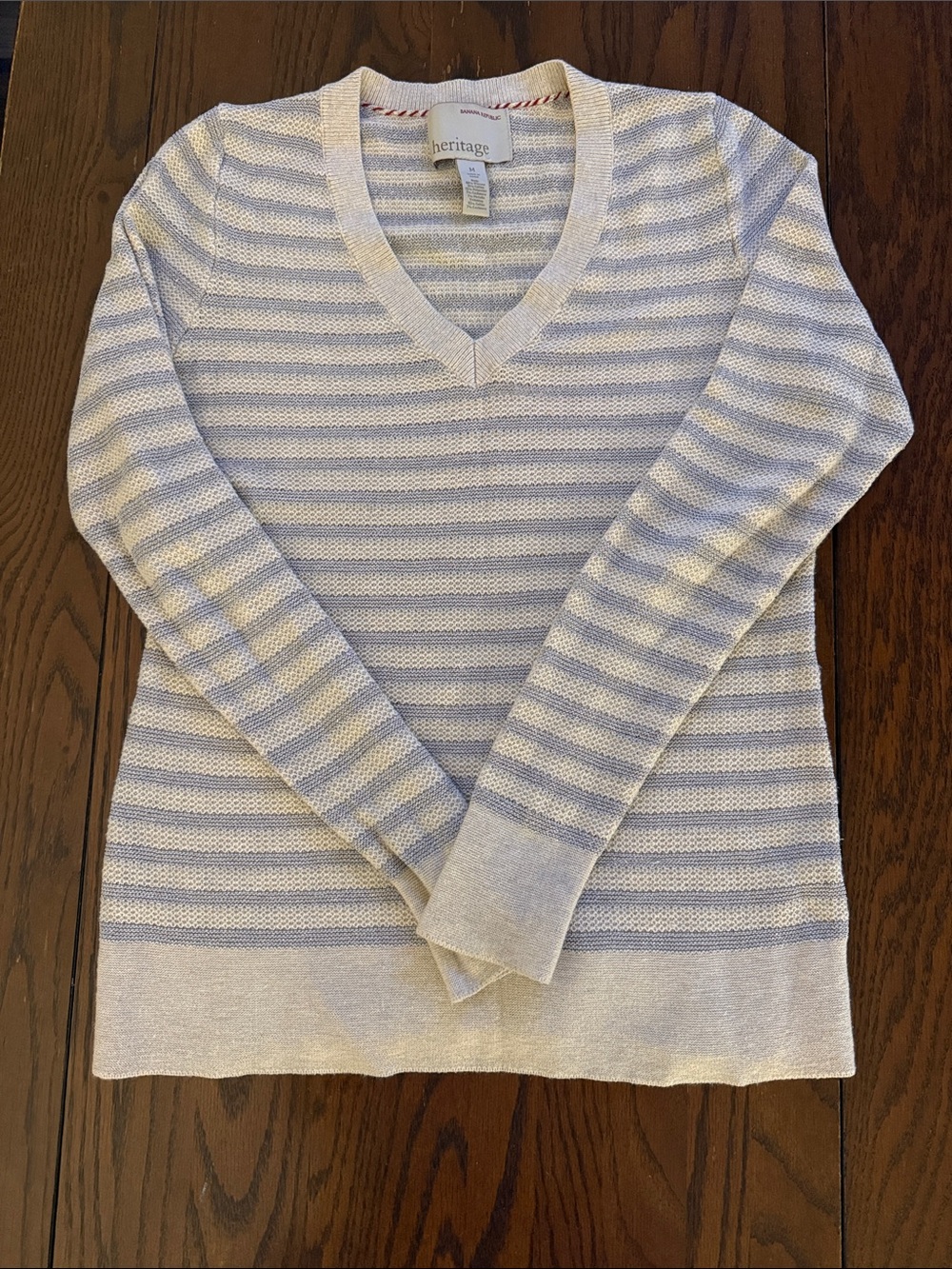 Heritage (Banana Republic) Striped V-Neck Sweater in Light Blue and Cream